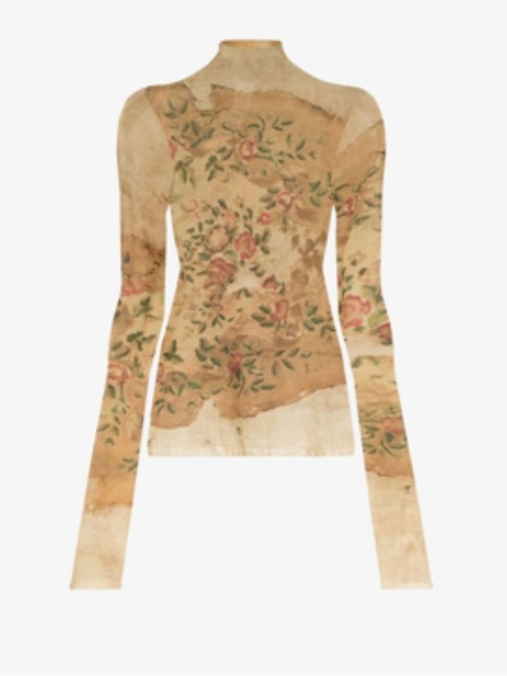 Acne Beige Floral Long-Sleeve Mock Neck Top